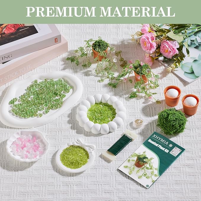 XHYMIA Beaded Plant Kit Green Glass Leaf Beads, Flower Glass Beads Mini Forever Plant Making and DIY Crafts with Video Tutorials