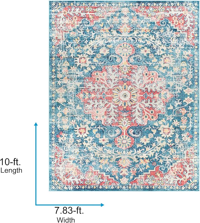 Livabliss Area Rugs - 8x10 Odelia Vintage Boho Blue Off-White Saffron Area Rug for Living Room Bedroom - Floral Medallion Stain Resistant Carpet for Kitchen, Nursery, Office (7'10" x 10')