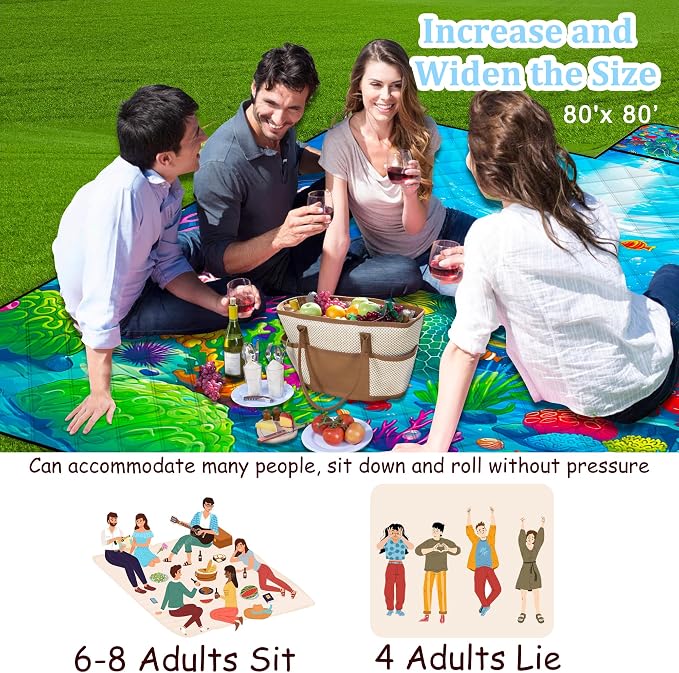 Poedist Extra Large Picnic Blanket Waterproof,80"x 80"Foldable Machine Washable Beach Blanket,Outdoor Blanket for 6-8 Adults, for Indoor Crawling,Park Beach,Camping,Hiking,Family Travel(Sea Turtle)