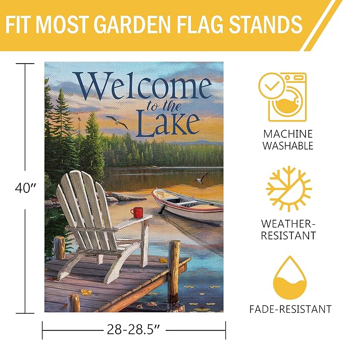 Furiaz Summer Spring Welcome to the Lake Adirondack Chairs Decorative House Flag, Lakehouse Lakeside Boat Ocean Garden Yard Outside Burlap Decoration Outdoor Large Decor Double Sided 28x40
