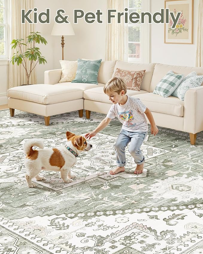 Washable Area Rug-8X8 Vintage Neutral Soft Green | Non Slip Thin Foldable Large Floor Carpet for Living Room Bedroom Kitchen Dining Room Home Office Farmhouse Indoor