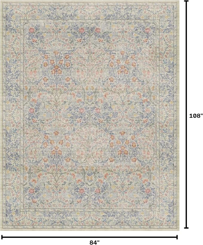 Washable Dining Room Rugs, 7x9 Area Rug for Living Room, Bedroom, Kids Playroom, Low Pile Non-Slip Lightweight & Stain Resistance - Light Beige Blue Oriental Vintage Design