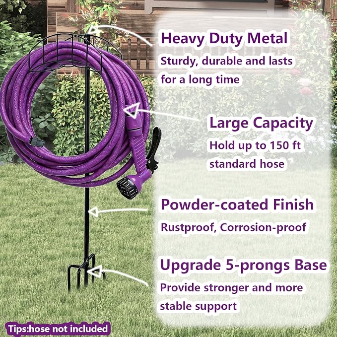 2-Pack Freestanding Garden Hose Holder with Upgraded 5-Prong Base | Water Hose Holders for 150 Feet Hose, Detachable Hose Storage Hanger for Outside Lawn Yard