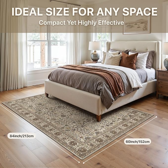 5x7 Washable Area Rug for Living Room, Non Slip, Dark Espresso | Vintage Floral, Spill Resistant, Lightweight Ultra-Thin Carpet for Bedroom, Dining Room and Nursery