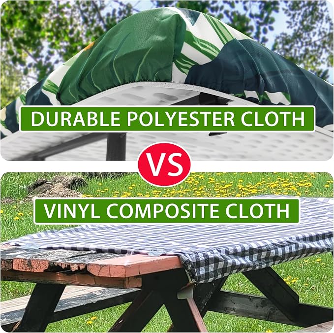 Picnic Table Cover with Bench Covers Camping Essentials Tropical Palm Leaves Outdoor Table Covers with Elastic Waterproof Fitted Tablecloth for RV Picnic Travel