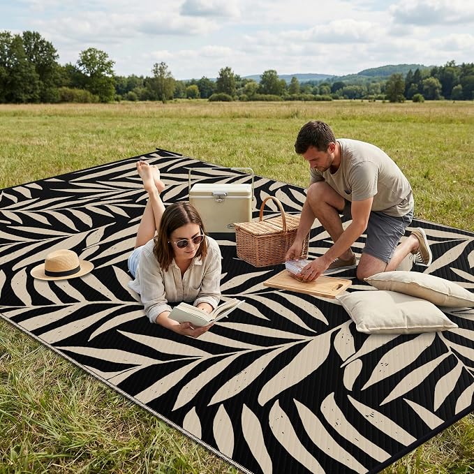 Smiry Outdoor Rug 9x12 ft, Waterproof Reversible Plastic Straw Rugs, Outdoor Area Rug with Leaf Pattern, Outside Floor Mat for Patio, Backyard, Deck, Picnic, Beach, Camping, Black & Beige