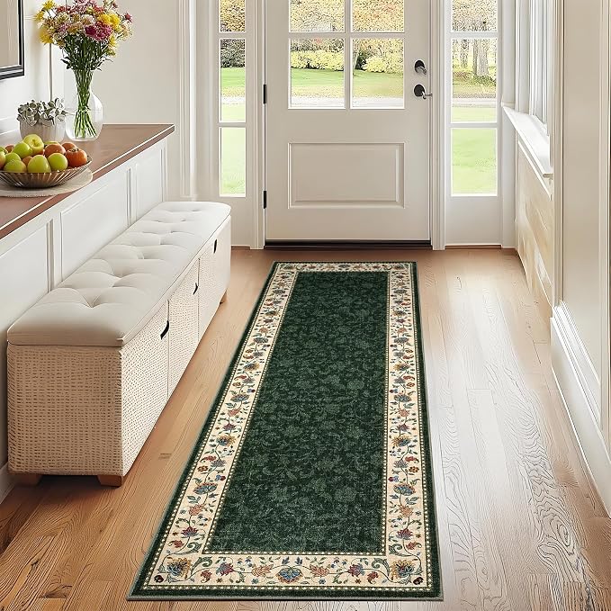 Garvee 2x6 Vintage Floral Kitchen Rugs Washable Rugs for Hallway | Green Boho Border Area Rug Stain Resistant Easy Cleaning Throw Rugs Low Pile Floor Cover for Bedroom Laundry