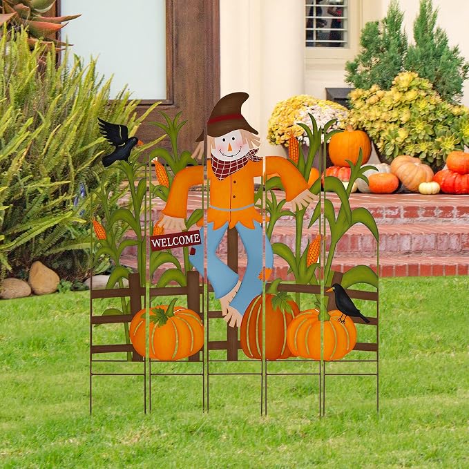 Glitzhome 41.5"H Fall Decorative Yard Signs with Stakes, Metal Scarecrow Corns Combo Garden Yard Stake for Home Lawn Yard Pathway Front Door Fall Harvest Thanksgiving Wall Hanging Decor