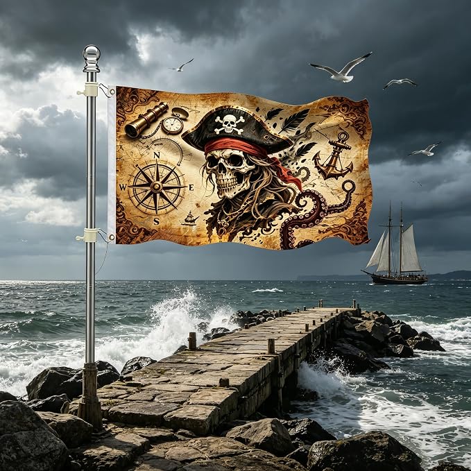 3x5ft Pirate Flag, Vintage Skull Pirate Flags for Outside, Double-Sided Printed Pirate Ship Decor Flag with 2 Grommets for Outdoor Yard, Party and Pirate Themed Decorations
