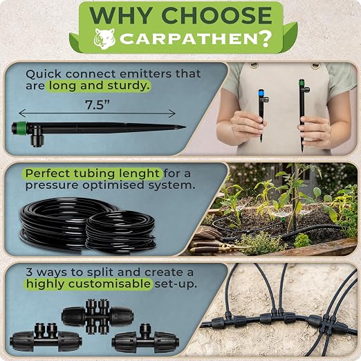 CARPATHEN Drip Irrigation System Kit - Complete Quick Connect Garden Watering System with Adjustable Sprinkler Emitters, 5/16" & 1/4" Tubing - Drip Line for Raised Beds, Greenhouse