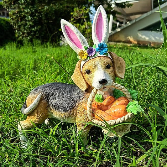 Cynkeyee Dog Garden Statue Decoration - Cute Puppy Beagle with Bunny Ears | Carrot Basket Doggy Figurines, Tabletop Self Floor Indoor Garden Decor, 11.5x4x10.5 inch