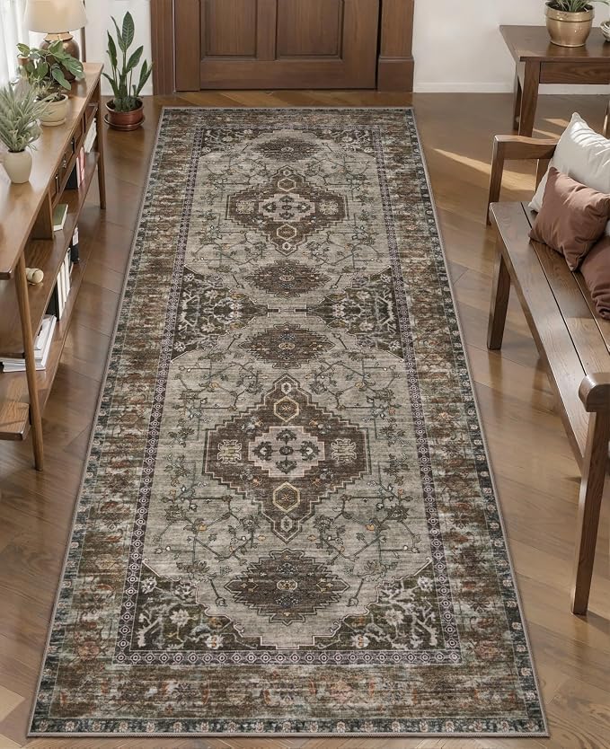 Tangsoo Vintage 2x5 Washable Runner Rug for Hallways, Non Slip Runner Rug | Soft Low Pile 2x5 Rug Runner, Print Distressed Carpet Runners for Entryway Bedroom Kitchen Bathroom Living Room Grey