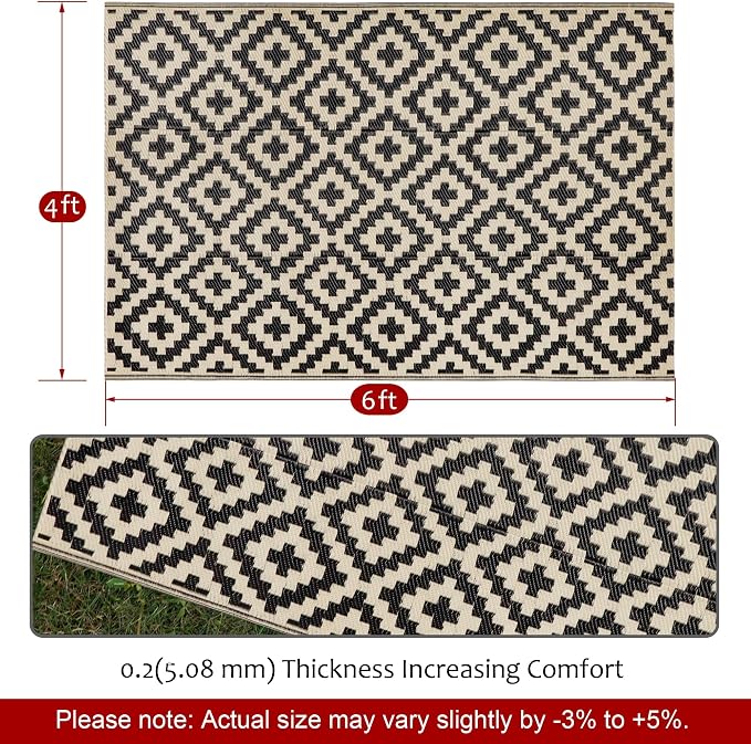 SAND MINE Reversible Mats, Plastic Straw Rug, Modern Area Rug, Large Floor Mat and Rug for Outdoors, RV, Patio, Deck, Beach, Camping (Black & Beige Lattice, 4' x 6', -3% to 5% Size Variance)