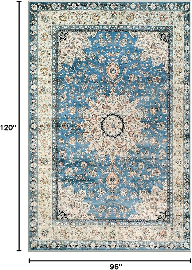 Lahome Felice Oriental Floral Medallion Area Rug, 8x10 Soft Large Rugs for Bedroom Aesthetic Dining Room Rug, Vintage Non Slip Low Pile Living Room Carpet for Family Room Foyer Den Office, Blue
