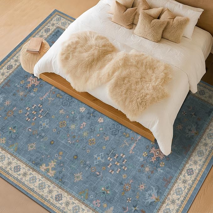 Blue Big Rugs for Living Room - Dusty Blue 10x12 Area Rug for Large Bedroom, Dining Room, Washable Lightweight Foldable Floral Modern Home Décor