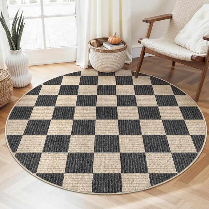 LIVEBOX Checkered Round Rug 4 Ft Washable Area Rug for Playroom Classroom, Kids Non-Slip Neutral Classic Circle Rug Geometric Carpet Soft Boys Nursery Rug for Dorm Bedroom(Black,120R)