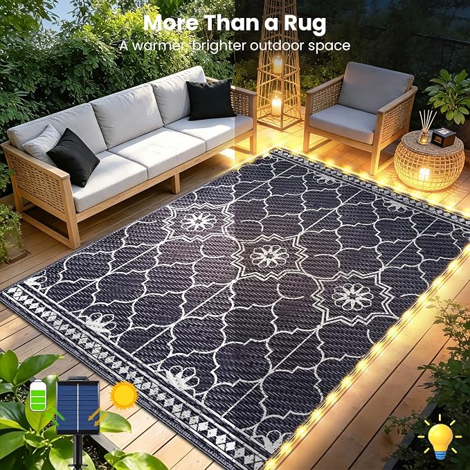 6x9Ft Outdoor Rug, Solar Powered Outdoor Rug with 94LEDs Strip Lights for House Deck, Waterproof Plastic Reversible Outdoor Straw Rugs, Rugs Mat RV Camping Patio Beach Balcony Picnic (Blue White)