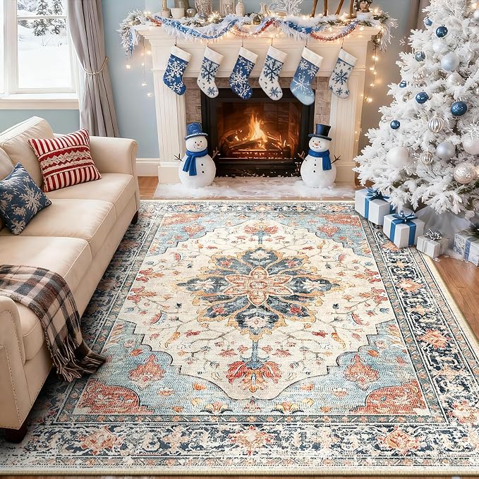 RELEANY Washable Area Rug, 7'x9', Beige/Blue/Orange | Non-Slip, Water Repellent, Pet Friendly, Easy to Clean, Vintage Floral Boho Decor for Living Room Bedroom Dining Room Office