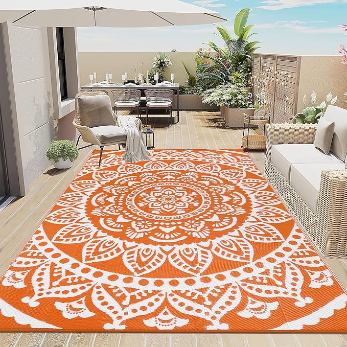Bsmathom Waterproof Outdoor Rug 6'x9' Reversible Boho Plastic Straw Patio Deck Camping Rugs, Indoor Outdoor Portable RV Mat Clearance Carpet for Outside, Porch, Balcony, Backyard, Beach, Pool,Orange