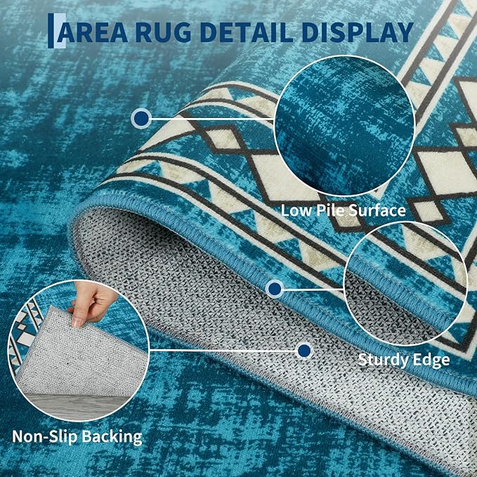 Garvee 8x10 Vintage Border Washable Rugs for Living Room Bedroom Rug, Teal | Boho Area Rug Stain Resistant Easy Cleaning Throw Rugs Low Pile Floor Cover for Nursery Dining Room Apartment