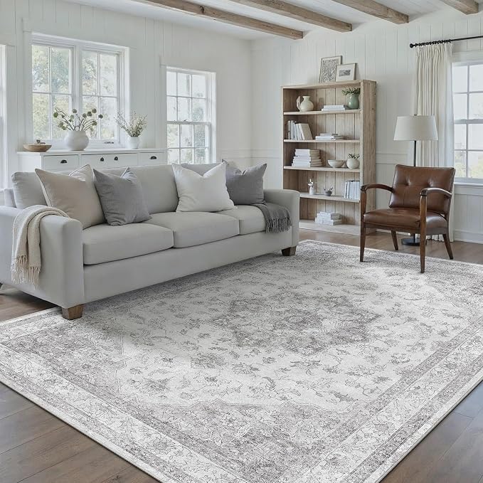 Grey 5x7 Washable Area Rug Living Room Vintage Oriental Carpet | Soft Low Pile, Non Slip, Stain Resistant, Floral Medallion, Neutral Retro Decor for Bedroom, Dining Room, Kids Room, Office