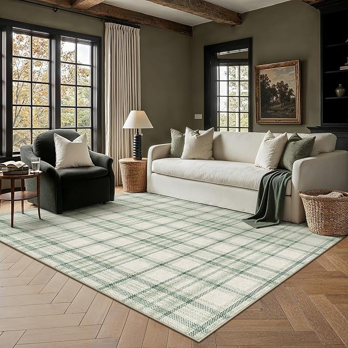 5x7 Green Plaid Living Room Area Rug | Washable, Low Pile, Modern, Neutral, Soft, Non Slip, Rug for Bedroom Dining Room Nursery Office Indoor Home Decor