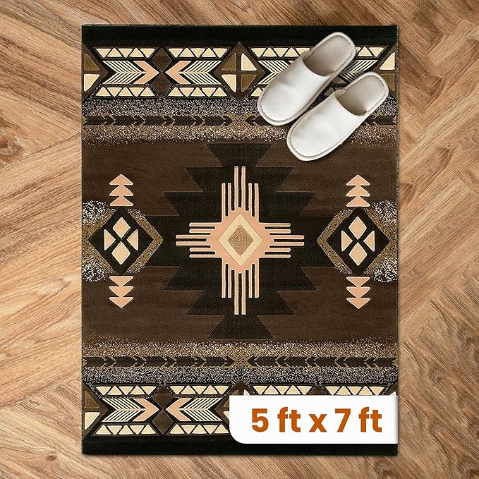 YHSF South West Native American Area Rug C318 - Easy Clean, Thick, Soft, Durable Native Tribal American Indian Inspired Rug for Bedroom/Living Room and More - Chocolate Brown, 5 Feet x 7 Feet