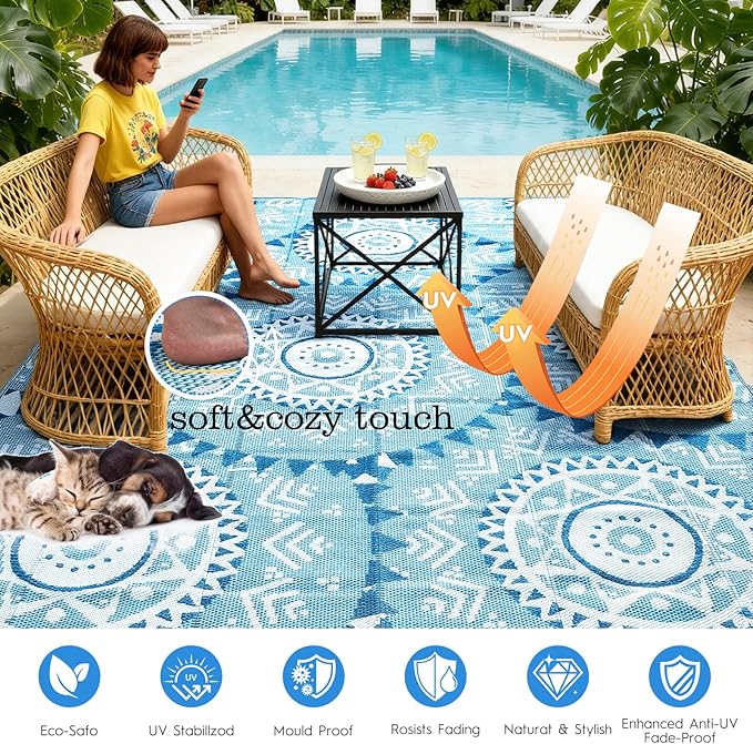 Alfolo 9x12 Outdoor Patio Rug - Waterproof Reversible Plastic Straw Mat, UV Resistant & Easy Clean, Foldable Camping Carpet with Carry Bag for RV, Deck, Pool & Picnic (Navy Blue Boho)