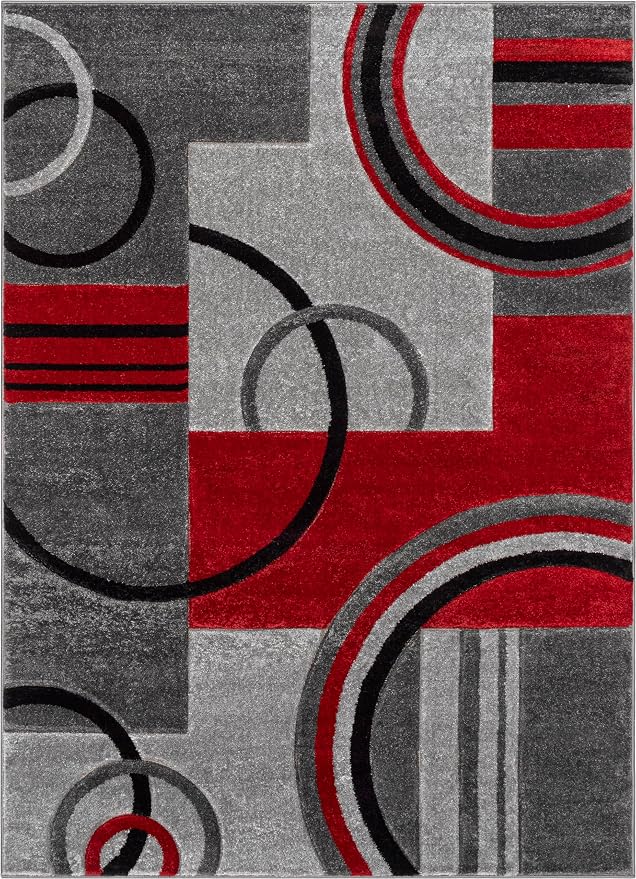 Well Woven Ruby Echo Shapes & Circles Geometric Red and Grey 3 by 5 Rug - Hand Carved Circle Pattern, Modern Contemporary Accent Carpet, Soft Durable Decorative Floor Mat, Stain Resistant Easy Care