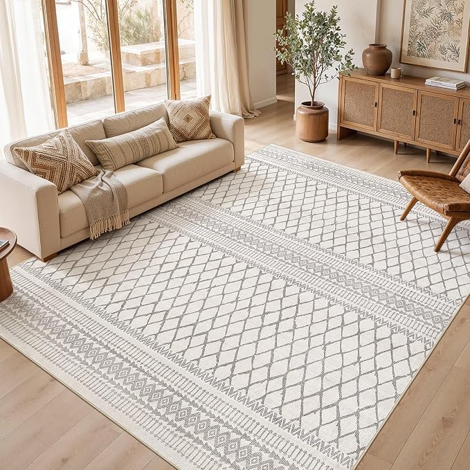 cotiled Boho 8x10 Area Rugs for Living Room: Large Moroccan Washable Rug | Stain Resistan Carpet for Bedroom Farmhouse Dining Room Beige Gray