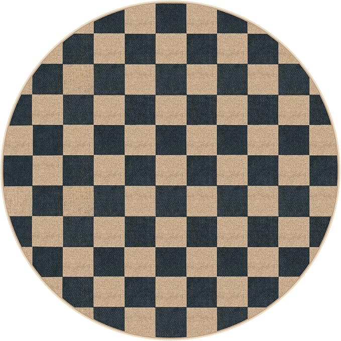 Lahome Colette Checkered Round Rugs 6ft, Outdoor Patio Easy Jute Rug Indoor Outdoor Circle Carpet, Farmhouse Nature Non Shedding Non Slip Washable Black Carpet for Living Room Entry Deck