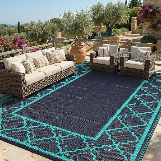 Garvee Reversible Outdoor Rug 8x10, Waterproof Outdoor Plastic Straw Rug with Interlacing Pattern, RV Mat for Picnics, Patio, Camping, Balcony, Deck, Backyard, Porch, Navy