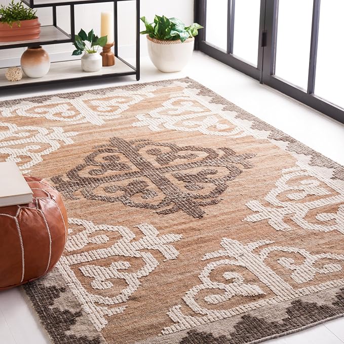 SAFAVIEH Kenya Collection Area Rug - 5' x 8', Brown & Charcoal, Hand-Knotted Tribal Wool, Ideal for High Traffic Areas in Living Room, Bedroom (KNY312A)