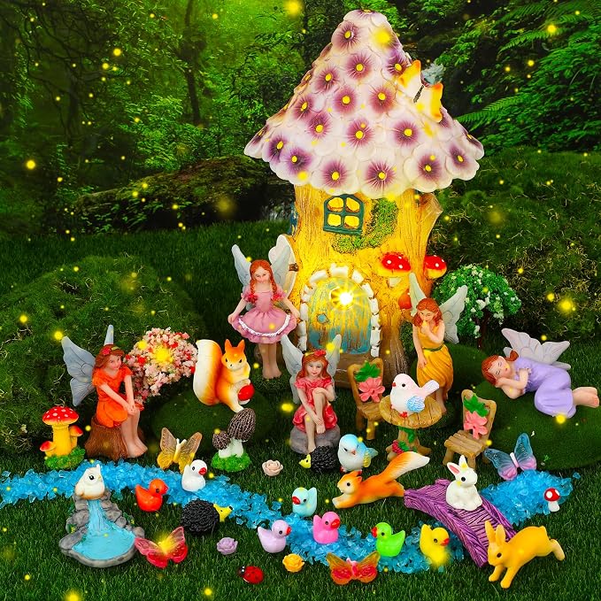 70 Pcs Fairy Garden House Resin Kit Glowing Tree House Miniature Garden Fairy Animals Garden Accessories Decor Outdoor Mini Landscape Ornaments