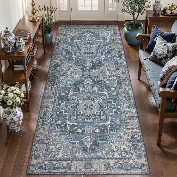 Tangsoo Vintage 2.6x10 Washable Hallway Runner Rugs, Non Slip Runners Blue | Farmhouse Soft Low Pile Long Rug, Boho Oriental Print Indoor Carpet Runners for Hallway Living Room Kitchen Bedroom Blue Grey
