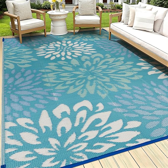 HEBE Waterproof Outdoor Rug 8x10 for Patios, Floral Reversible Plastic Straw Rug Patio Mat, Indoor Outdoor Carpet RV Mat Camping Rug for Deck, Camper, Porch, Balcony, Backyard, Picnic