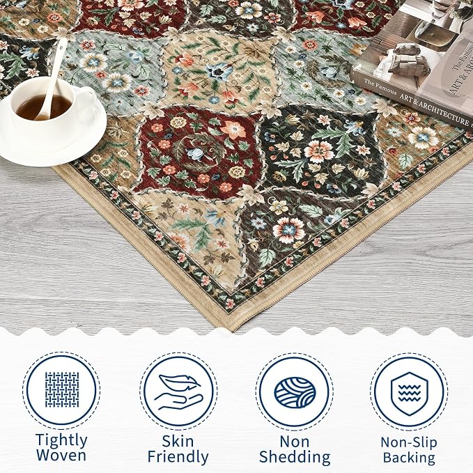 ROYHOME Small Rug Trellis Floral Washable Area Rug Doormat 2' x 3' | Stain Resistant Non-Slip Entryway Rug Distressed Floral Floor Carpet for Front Entrance Kitchen Bathroom, Red/Brown