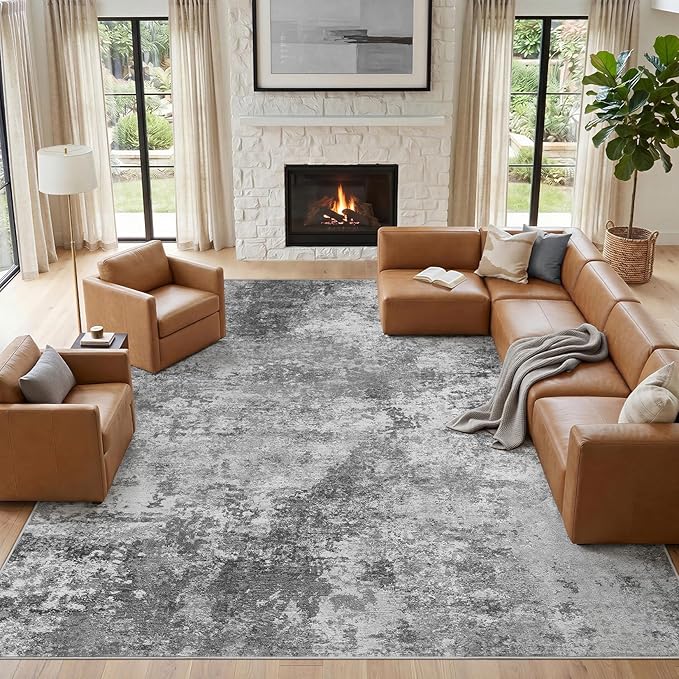 Nakagishi 12X15 Abstract Washable Area Rugs for Living Room-Grey | Modern Non-Slip Silicone Backing Low Pile Soft Carpet for Bedroom Dining Decor Ideal for Families with Kids and Pets