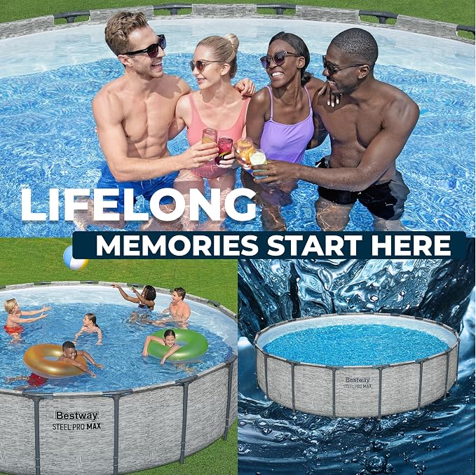 Bestway Steel Pro MAX 18' x 48" Above Ground Swimming Pool Set with Pump | Durable Round Metal Frame Outdoor Backyard Pool, Puncture-Resistant Liner - Ladder and Cover Included, Stacked Stone Print
