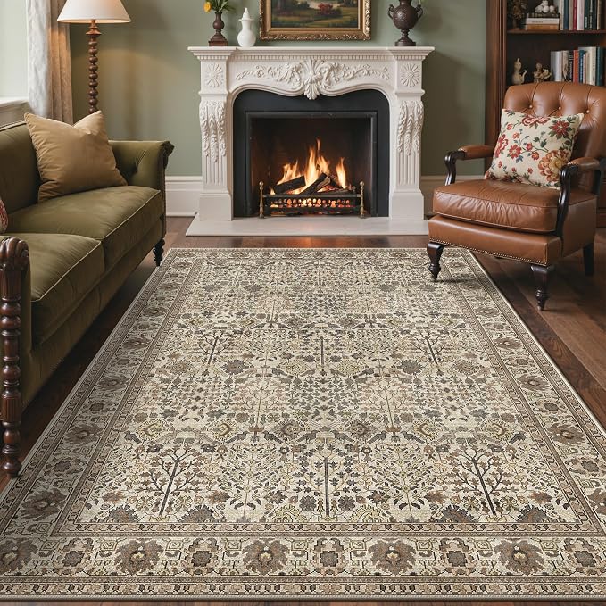 5x7 Washable Area Rug for Living Room, Non Slip, Dark Espresso | Vintage Floral, Spill Resistant, Lightweight Ultra-Thin Carpet for Bedroom, Dining Room and Nursery