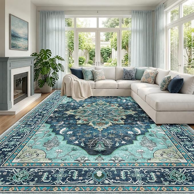 RELEANY Washable Area Rug, Large 9'x12', Teal | Non-Slip, Water Repellent, Pet Friendly, Easy to Clean, Vintage Floral Boho Decor for Living Room Bedroom Dining Room