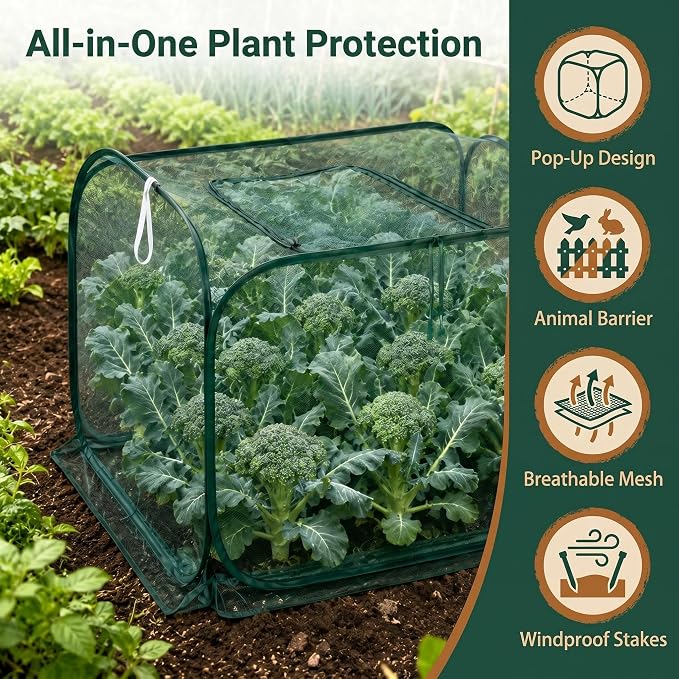 Collapsible Pop-Up Mesh Garden Cover（47''x47''x47''for Square Raised Beds-30% Sunblock，Protective Netting Cage for Vegetables, Fruits & Flowers, Keep Birds and Small Animals Out