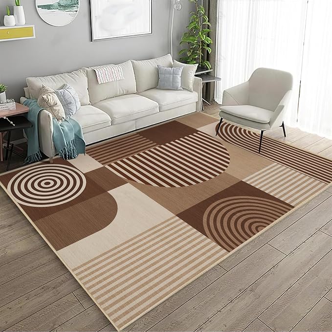 Brown Geometric Area Rug 4x6 for Living Room Rug Machine Washable Minimalist Line Mid Century Modern Rugs Non Slip Low Pile Indoor Floor Carpet for Bedroom Dining Room Laundry Office,Brown