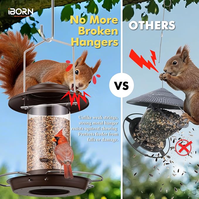 iBorn Bird Feeder Metal Squirrel Chew-Proof Bird Feeders for Outdoors Hanging for Cardinal Outside, Holds 1.32LB Seed with 3 Perchs, Bronze (Seed is not Included)