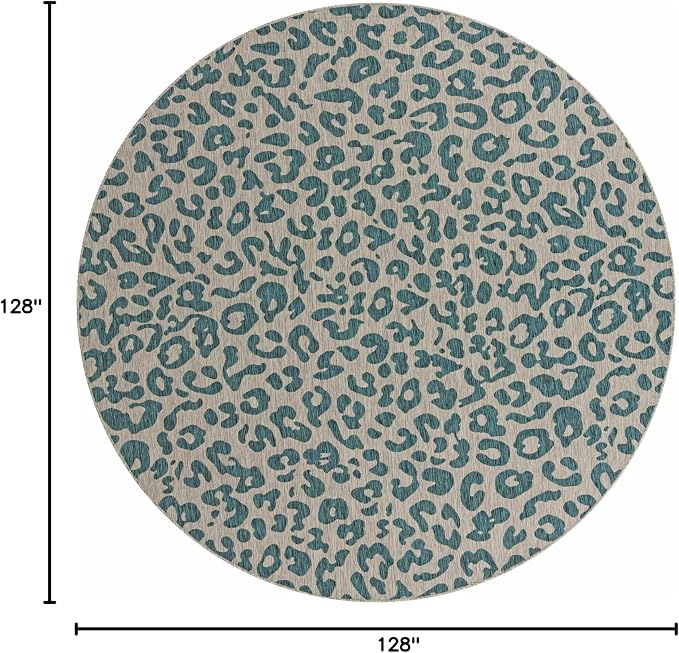 Unique Loom Outdoor Safari Collection Area Rug - Leopard (10' 8" Round, Teal/ Ivory)