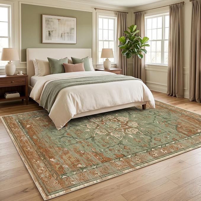 RUGIXE 8'x10' Sage Green/Rust Vintage Boho Washable Living Room Area Rug