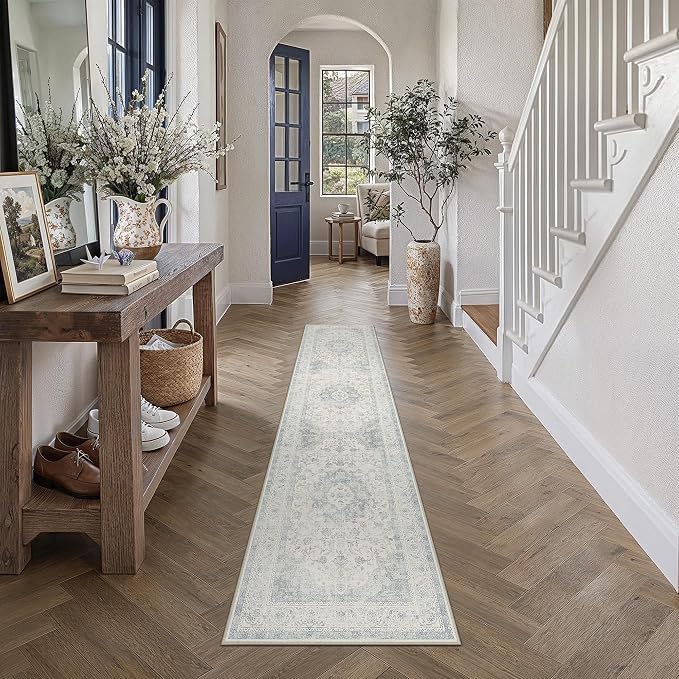 2x8 Blue Washable Runner Rug Non Slip Vintage Carpet | Low Pile, Stain Resistant, Living Room, Kitchen, Bedroom, Entryway, Laundry Room, Hallway, Soft, Thin, Lightweight