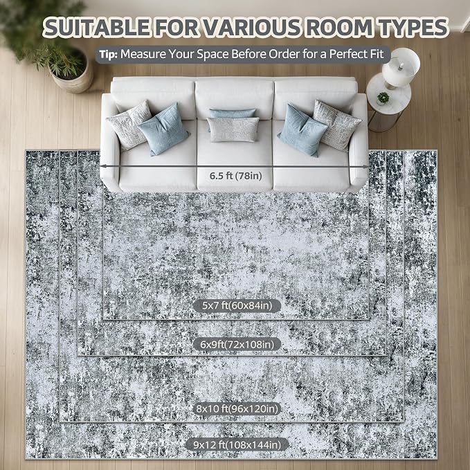 8x10 Washable Area Rug Modern Abstract for Living Room Bedroom Gray White | Soft Indoor Carpet,Anti-skid Backing,Water Repellent,Non-shedding, Suitable for bedroom dining farmhouse nursery home office