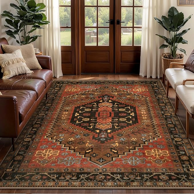 Ciicool Washable 4x6 Area Rug,Boho Non-Slip Indoor Mat for Entryway Kitchen | Oriental Low-Pile Soft Vintage Boho Indoor Entry Carpet for Bedroom Bedside Living Room Laundry Bathroom Dining Room