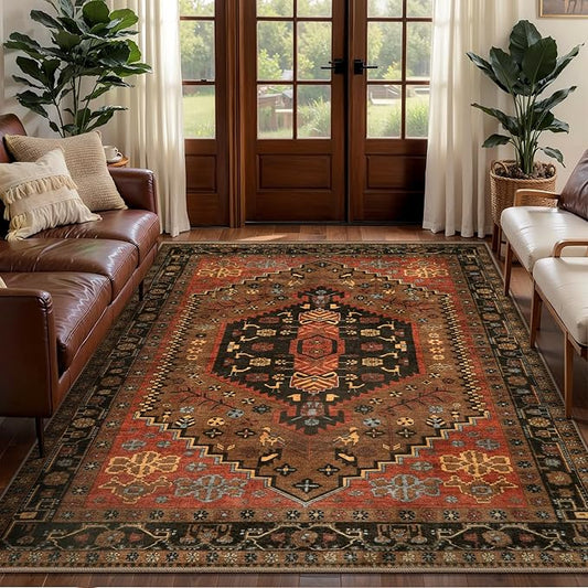 Ciicool Washable 4x6 Area Rug,Boho Non-Slip Indoor Mat for Entryway Kitchen | Oriental Low-Pile Soft Vintage Boho Indoor Entry Carpet for Bedroom Bedside Living Room Laundry Bathroom Dining Room